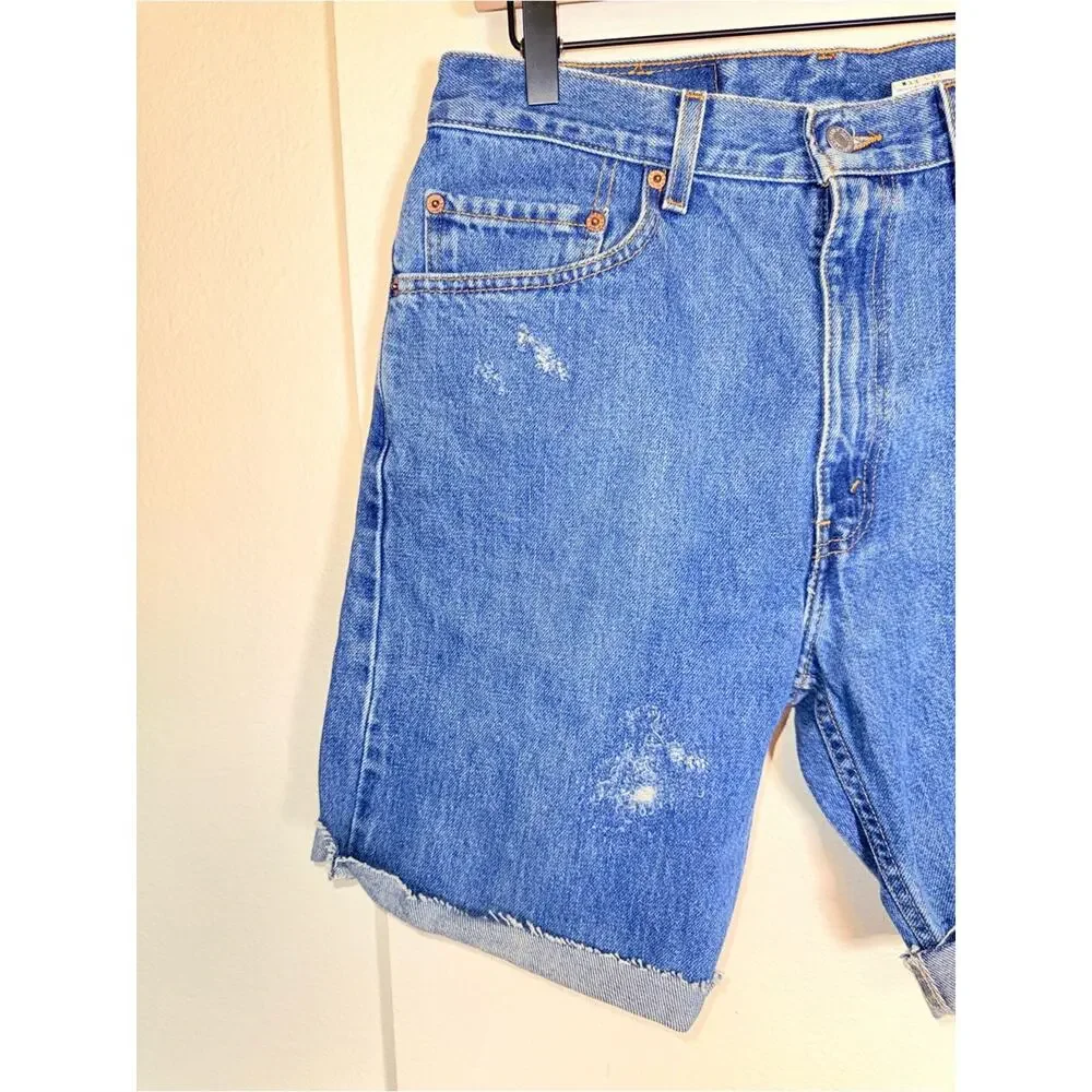 VINTAGE LEVIS cutoff cuffed 505 Regular Fit Long Line Bermuda denim shorts 33